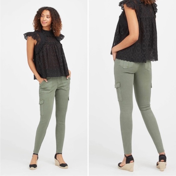 Womens Spanx Stretch Twill Ankle Cargo Green Pants - Picture 1 of 6